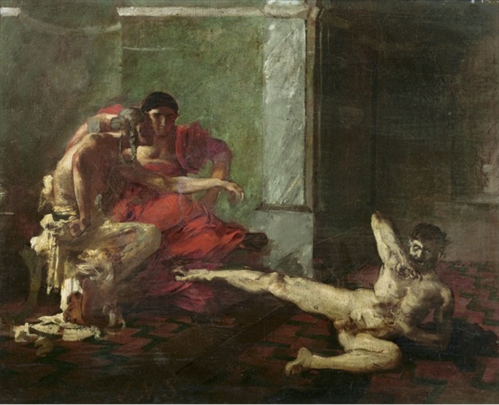 Locustus probiert in Anwesenheit von Nero das für Britannicus zubereitete Gift, Joseph-Noël Sylvestre 1876, online unter: https://fr.wikipedia.org/wiki/Locuste_(empoisonneuse).